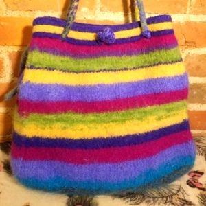 FELTED WOOL PURSE HANDMADE WOVEN KNIT BAG HIPPIE FESTIVAL FALL STRIPED RAINBOW
